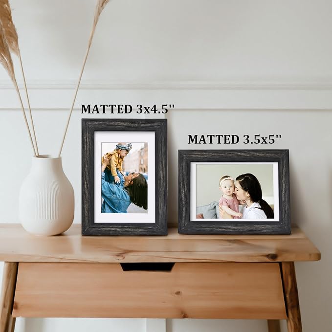 Egofine 4x6 Picture Frames Set of 4, Made of Solid Wood Covered by Plexiglass 3x4.5 and 3.5x5 with Mat or 4x6 without Mat, for Table Top Display and Wall Mounting Photo Frame, Driftwood Black