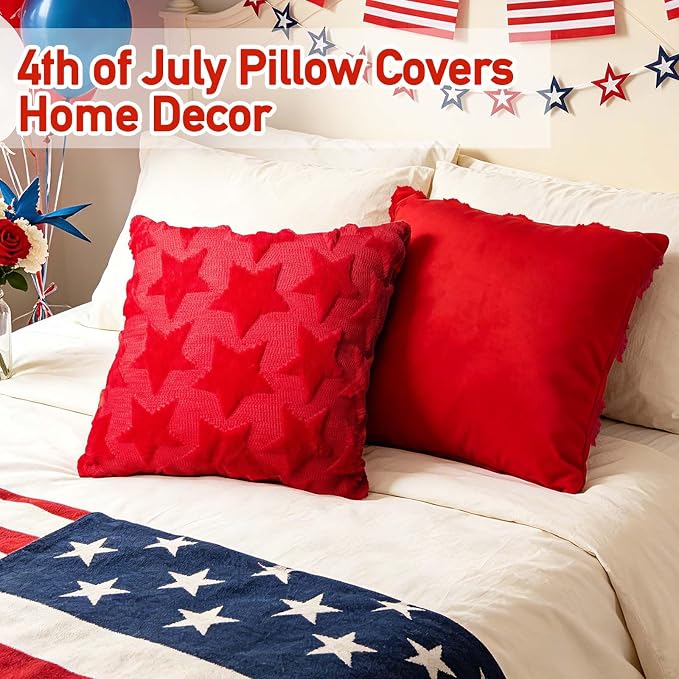 4th of July Decorations Pillow Covers 18x18 inch Set of 2 Red Embroidery Star Decoration Soft Plush Faux Fur Jacquard Throw Pillows Independence Memorial Day for Home Sofa Farmhouse Decorations