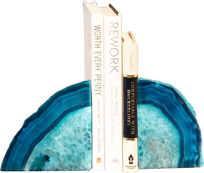 Agate Geode Bookends Heavy Duty Teal Crystal Stone Book Holders Decorative | Polished Stone Book Stoppers Supports Home Office Decor with Rubber Bumpers Dyed Teal 1 Pair, 2-3 LBS