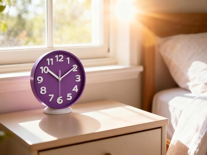 JENLYSTIME 8 Inch Vibrant Purple Modern Wall Clock – Silent Non-Ticking, Bold 3D Numbers, Precise Quartz Movement | Decorative Desk & Wall Clock with Stand for Home, Kitchen, Bedroom, or Office