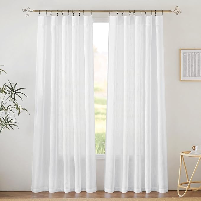 RYB HOME White Curtains & Drapes - Linen Textured Semi Sheer Curtains Privacy Panels for Living Room Bedroom Dining Bathroom Farmhouse Large Window Decor, W 70 x L 63, 2 Pcs | Light Filtering, Privacy Protection, Back Tab, Living Room Bedroom Dining Ba...