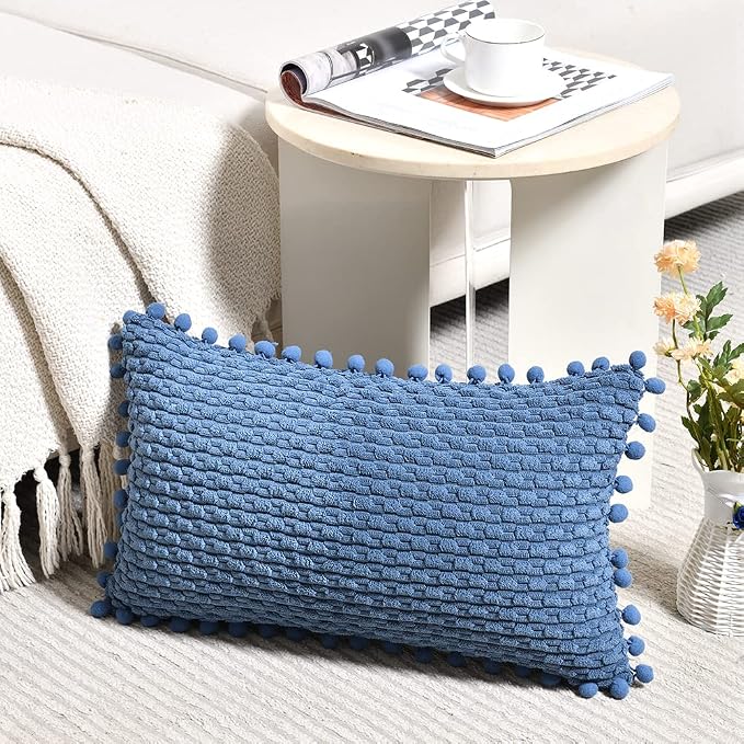 Fancy Homi Set of 2 Dusty Blue Lumbar Decorative Throw Pillow Covers 12x20 Inch with Pom-poms for Couch Bed Sofa, Farmhouse Boho Home Decor, Soft Plush Corduroy Cute Rectangle Cushion Case 30x50 cm