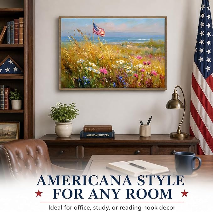 American Flag Framed Canvas Wall Art, 4th of July Patriotic Canvas Prints | Wildflower Landscape Poster Print, Vintage Rustic Independence Day Wall Decor for Bedroom Living Room Office 24×36in