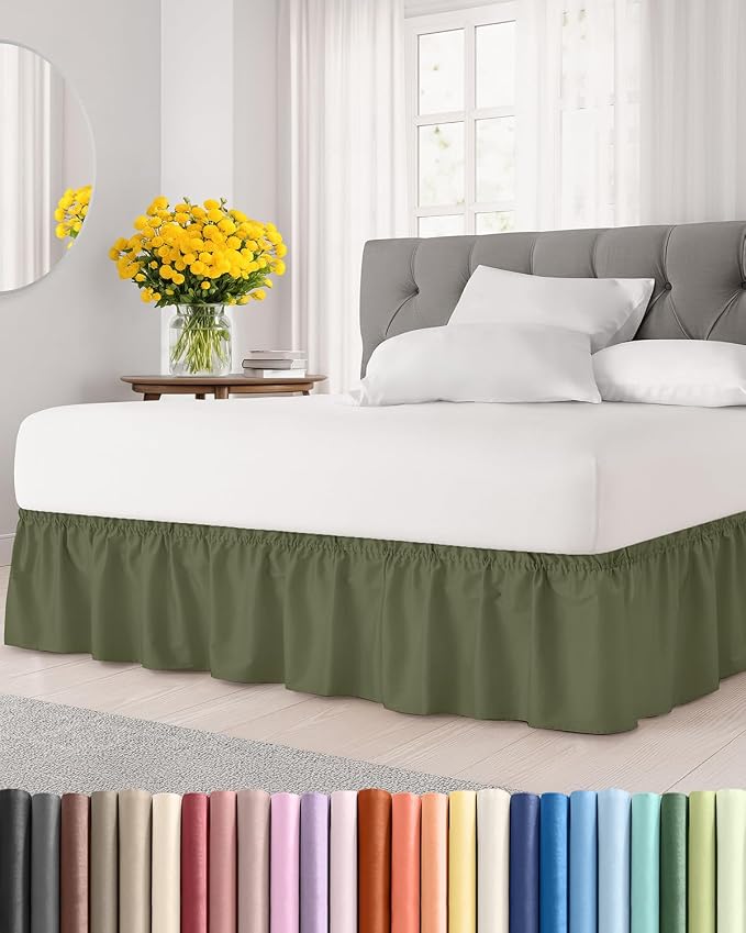 Wrap Around Dust Ruffle Bed Skirt - College Dorm Room - Twin/Twin XL | Sage Green, 21 Inch Drop, Elastic Strap & Adjustable Pleated Bedskirt, Wrinkle Free, for Women, Men, Students, Kids & Teens