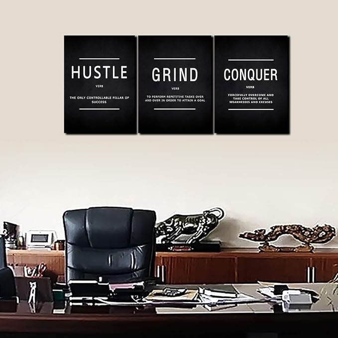KAWAHONE Grind Hustle Conquer Wall Art, Success Canvas Painting Wall Decor Motivation Poster Framed Inspiration Quotes Picture Positive Wall Hanging for Home Office Workplace -16" Wx 24" Hx 3 PCS
