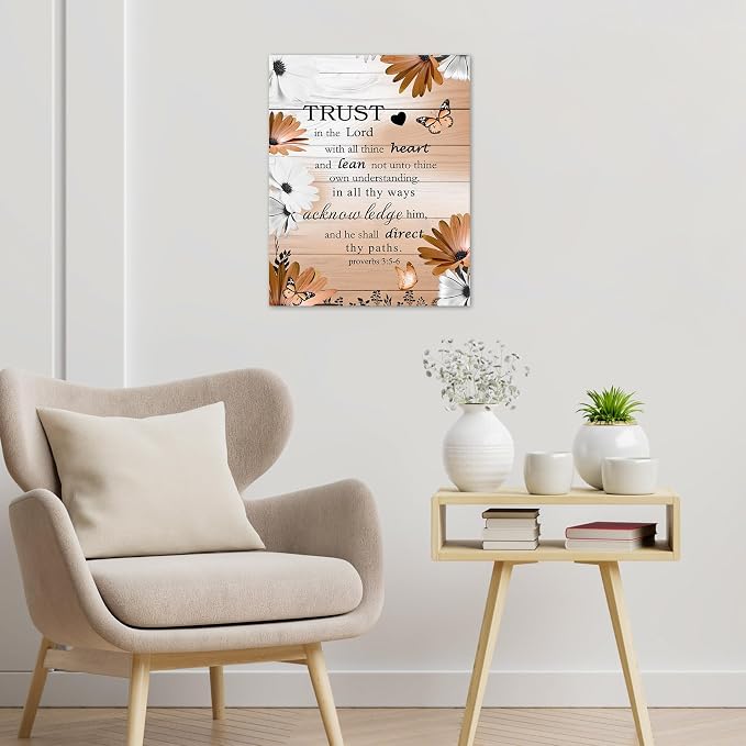 LB Bible Verse Wall Art for Bathroom Orange Daisy Flower and Butterfly Canvas Wall Art Wall Paintings Home Decor Vintage Grey Wall Pictures for Living Room Bedroom Office Ready To Hang, 8x10 Inch