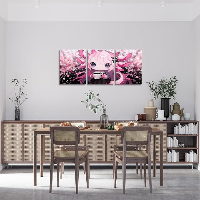 Feelyou Boys Girls Cute Pink Axolotl Picture Wall Decor Kawaii Animal Wall Painting Posters Glitter Canvas Wall Art for Living Room Bedroom Kids Cherry Blossoms Bathroom Wall Art 12"x16"x 3Pcs