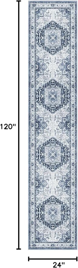 Madane Washable Runner Rugs 2x10 Long for Hallway Kitchen, Navy/White | Non-Slip Low-Pile 10ft Rug Runners Soft, Stain-Resistant Floor Carpet Mat for Entrance, Living Dining Laundry Room, Stair