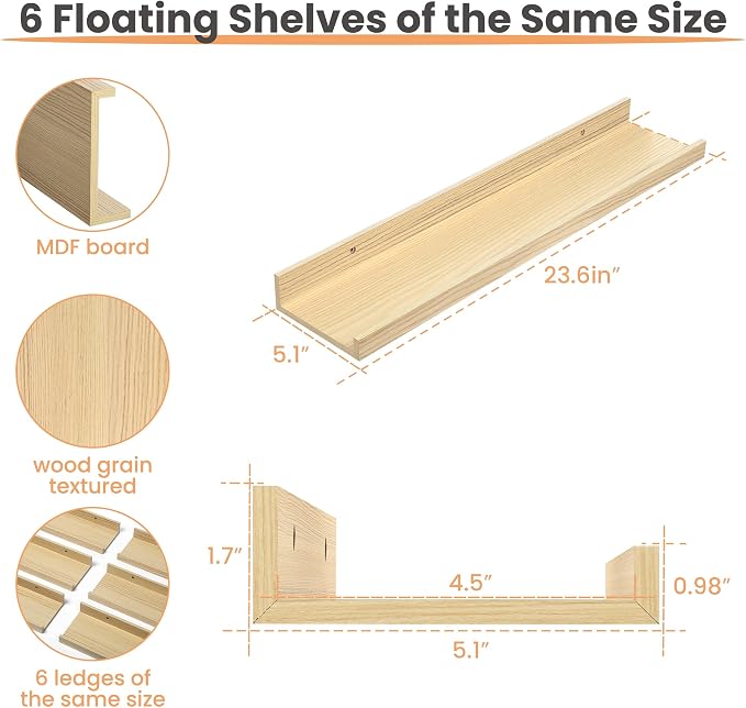 upsimples Floating Shelves for Wall Decor Storage, Natural, 6Pcs, 23.6''