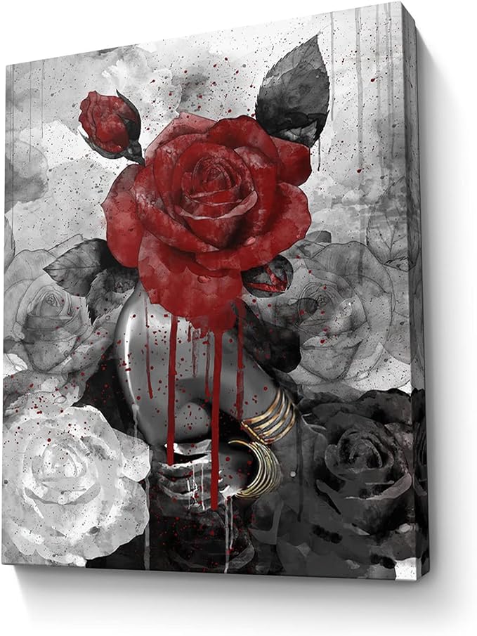 African American Wall Art Fashion Black Girl Picture Vintage Rose on Girl Head Wall Decor Abstract Painting Framed Modern Artwork for Bedroom Bathroom Office Home Decor 12x16 inch
