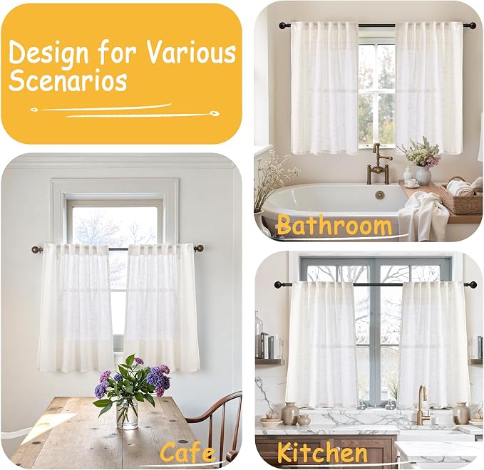 YoungsTex Linen Semi Sheer Curtains 36 Inches Long for Kitchen Window | Small Drapes with Rod Pocket Back Tab Rustic for Bathroom Cafe Windows Over Sink, 2 Panels, 34 X 36 Inch