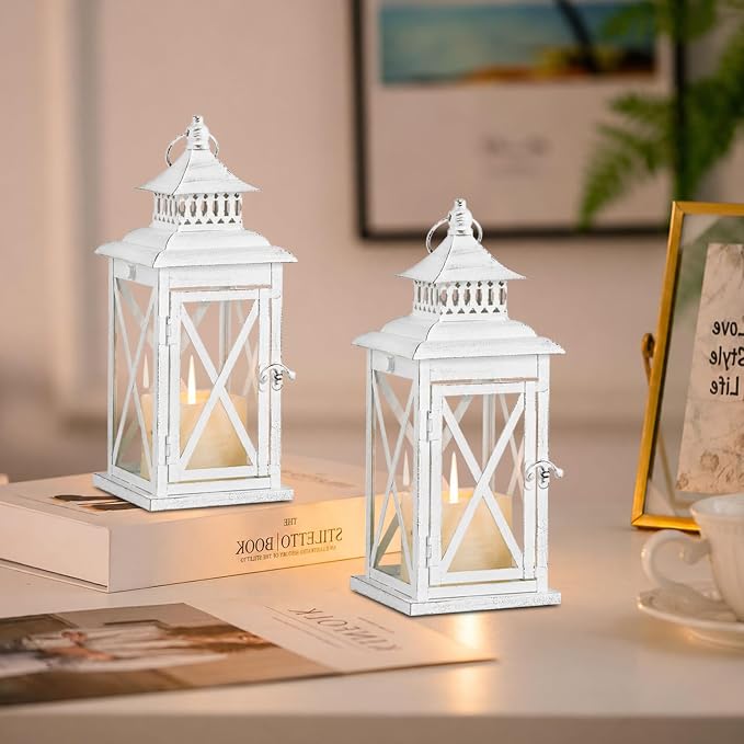 Lantern Decorative Indoor & Outdoor, 2 PCS 14.8''H Large Square Hanging Spring Home Decor, Vintage Metal Decorative Candle Lanterns for Outdoor Patio Wedding Party (White with Black Brush)