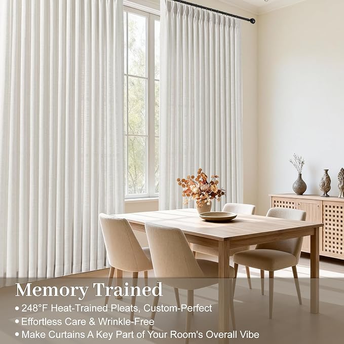 IVAPUPU Extra Wide Pleated Linen Curtains Semi Sheer Drapes Light Filtering | Living Room, Pinch Pleated, Sliding Door, Linen Blend, Hook Rings, Memory Shape, Privacy, Soft, 60x102, Beige White, 1 Panel