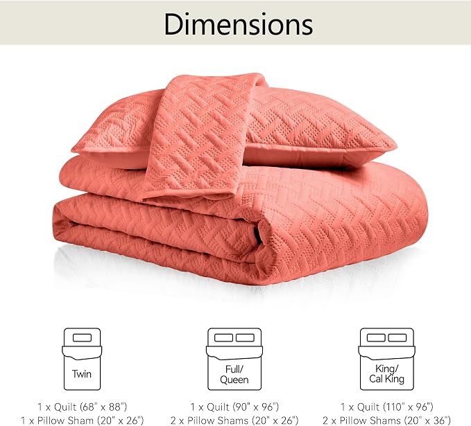 FLYMME Quilts Queen Size,Lightweight Coral Bedspreads,Basket Weave Pattern,Ultra Soft Microfiber Bed Coverlet 3 Pieces for All-Seasons (1 Quilt,2 Shams)