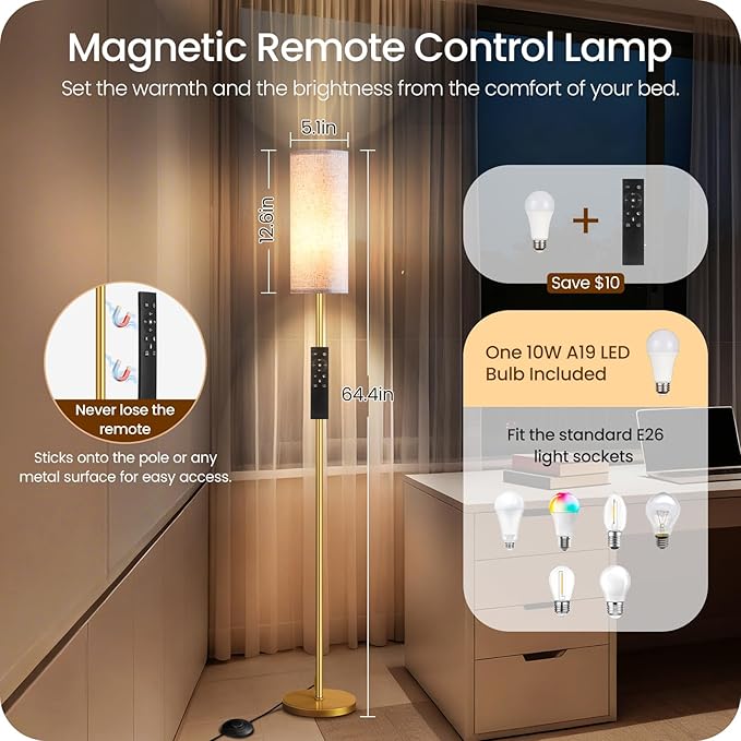 Dimmable Floor Lamps for Living Room with Remote and Foot Switch, 64.4” Modern Standing Tall Lamp, Corner Lamp for Bedroom, Bulb Included, 3000K-6500K, White and Gold, FCC Listed DW06LD05W1