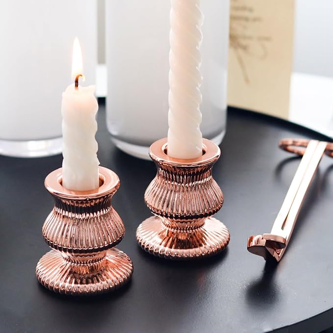 WDHODEC Pink Gold Candlestick Holders 12PCS Glass Taper Candle Holders for Table Centerpiece Colorful Candle Sticks for Spring Wedding, Party and Festival Decoration