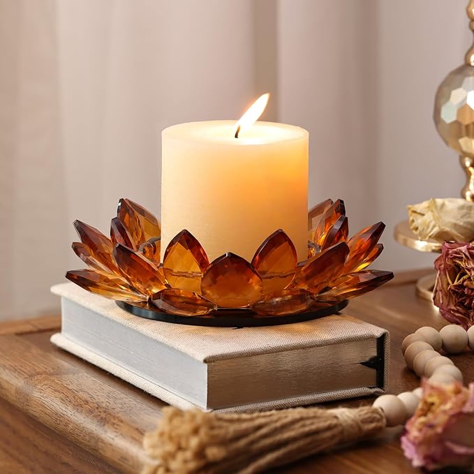 Crystal Lotus Candle Holders for Pillar Candle Amber Decorative Candle Dish