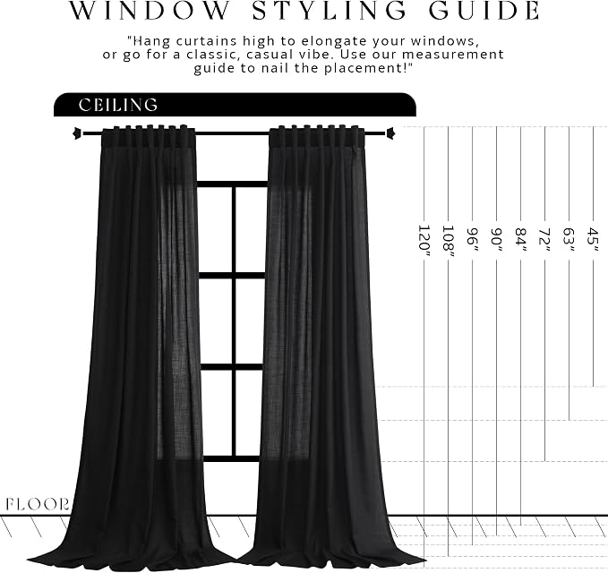 Jowels Black Linen Curtains 90 Inch Long 2 Panels for Living Room | Light Filtering Semi Sheer Curtain, Back Tab Pocket Pleated Look, Boho Farmhouse Textured Privacy Drapes for Bedroom Window