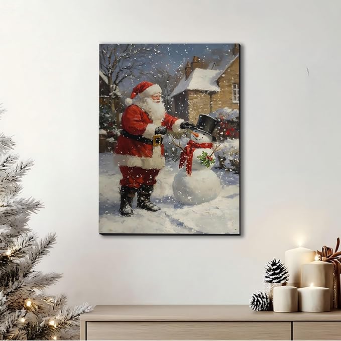 FLZYKGPA Christmas Wall Art Prints 24x36, Winter Christmas Picture Wall Decor Santa Snowman Canvas Artwork for Bathroom, Snow Scene Street Aesthetic Posters for Bedroom, Christmas Holiday Decor