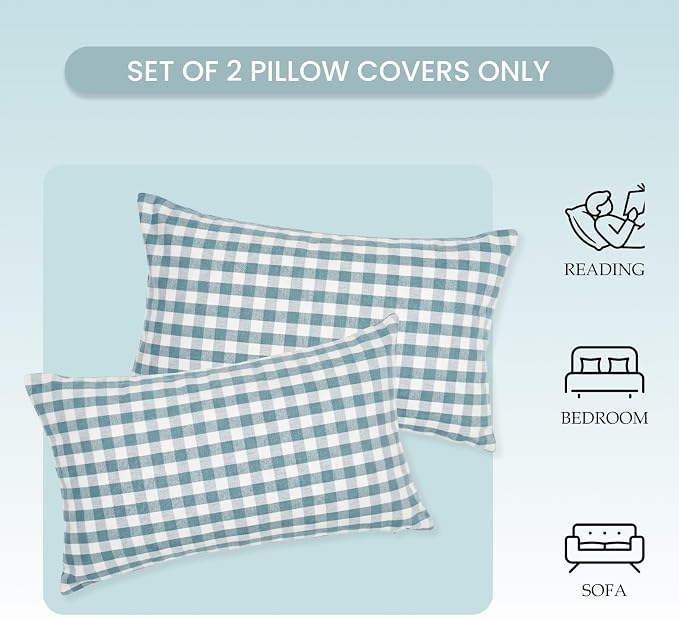 Farmhouse Light Dusty Blue Gingham Lumbar Pillow Covers 12x20 Set of 2 | Soft Couch Lumbar Pillow Cover 12 x 20, Blue Aesthetic Room Decor, Outdoor Porch Patio Pillows, Neutral Throw Pillow Covers