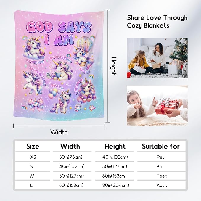 Unicorn Fleece Blanket For Girls, Women, Adults - God Says I Am Blanket For Kids - Inspirational Gift For Her & Daughter - Soft Plush For Couch, Office - 40"x50"