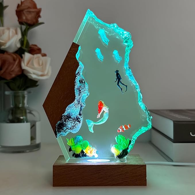 Handmade Mermaid Resin Ocean Lamp with Wood Base