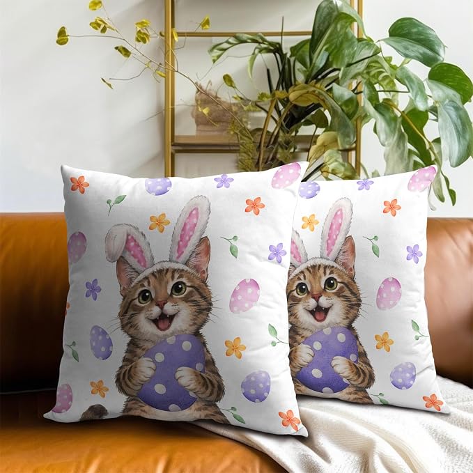 Easter Cat Pillow Covers 24x24 Inches Set of 2 Cute Bunny Ear Cat Pillowcase Kitten Eggs Floral Cotton Cushion Covers Spring Holiday Pillow Cases for Home Sofa Couch