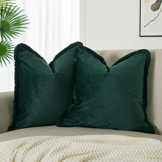 JUSPURBET Military Green Decorative Velvet Fringe Throw Pillow Covers 16x16 Set of 2 Boho Soft Cushion Case for Home Decor Living Room Couch Sofa Bed