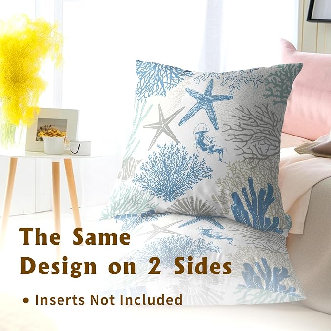 Coastal Nautical Throw Pillow Cover 18x18 inch Set of 2 Beach Themed Sea Coral Nautical Blue Pillowcases Ocean Summer Cotton Cushion Covers for Bed Sofa Room Decor