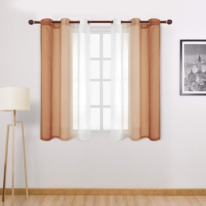 DWCN Ombre Short Sheer Curtains - Faux Linen Semi Voile Gradient Light-Filtering Bedroom and Living Room Curtains, Set of 2 Grommet Top Window Drape Panels, 42 x 45 Inch Length, Burnt Ochre
