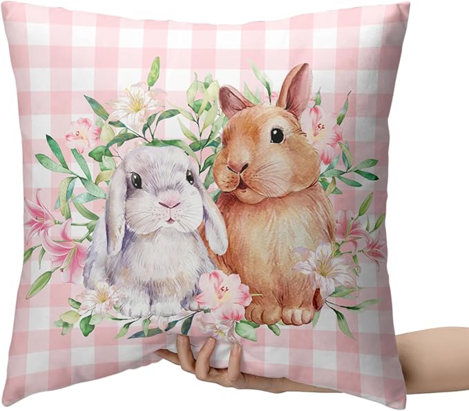 Spring Easter Pillow Covers 20x20 Pack of 2 Lovely Rabbit with Lily Flower Throw Pillow Covers Pink Plaid Bunny Pillow Case for Spring Easter Decoration Sofa Patio Garden