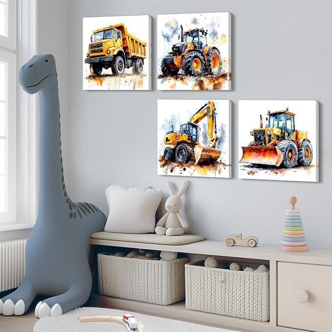 Watercolor Construction Truck Wall Art Boys Bedroom Decor Excavator Bulldozer Tractor Canvas Prints Pictures Kids Room Playroom Transportation Car Theme Paintings Artwork Home Decorations 16x16” 4Pcs