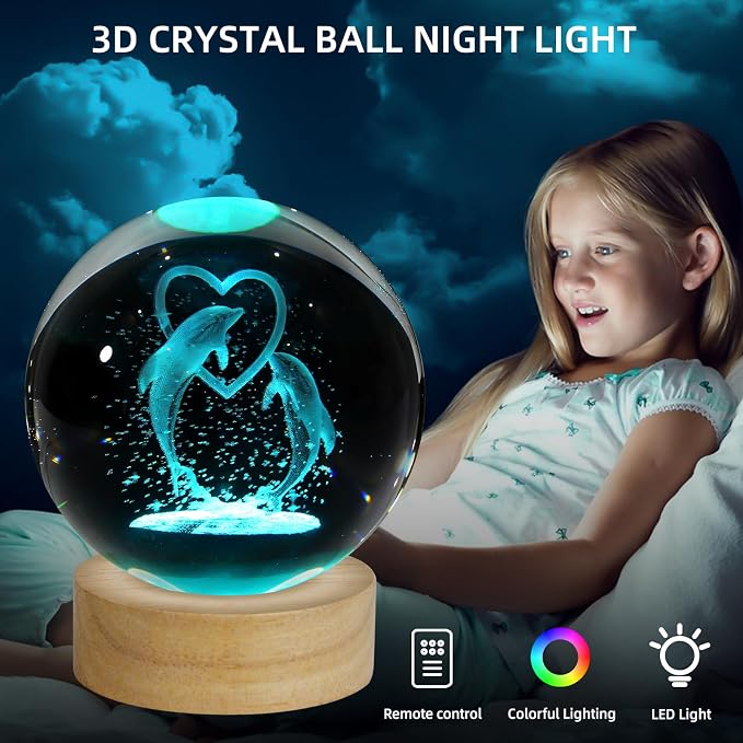 3D Dolphin Crystal Ball Night Light, Upgraded 3.15 Inch Glass Ball Lamp with 16 Color LED Wooden Base, Dolphin Decor Birthday Holiday Christmas Gifts for Boys Girls Friends