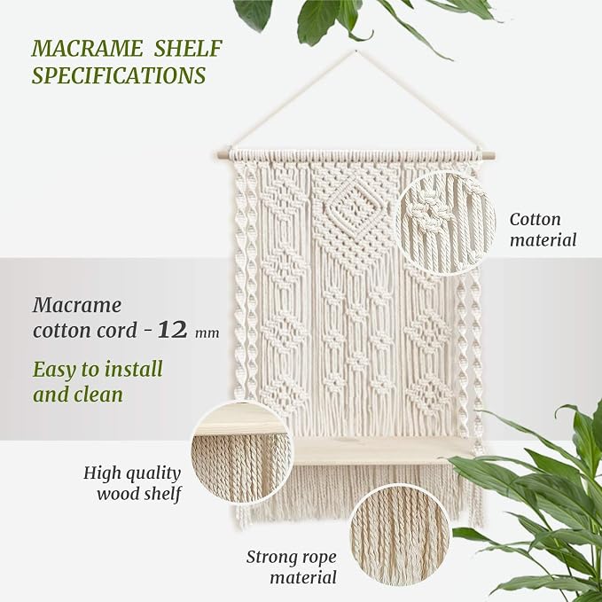 Macrame Wall Hanging Plant Decor Shelf Indoor Outdoor Floating Wood shelve Decorative Hand Made Rope Boho Shelving for Plants