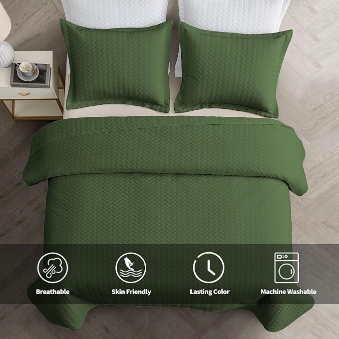 Maple&Stone Olive Green Quilt Set Queen Size, Lightweight Bedspread | Breathable Coverlet with Chevron Pattern, All-Season Dorm Bed Cover Set Bedding Decor 3 Piece
