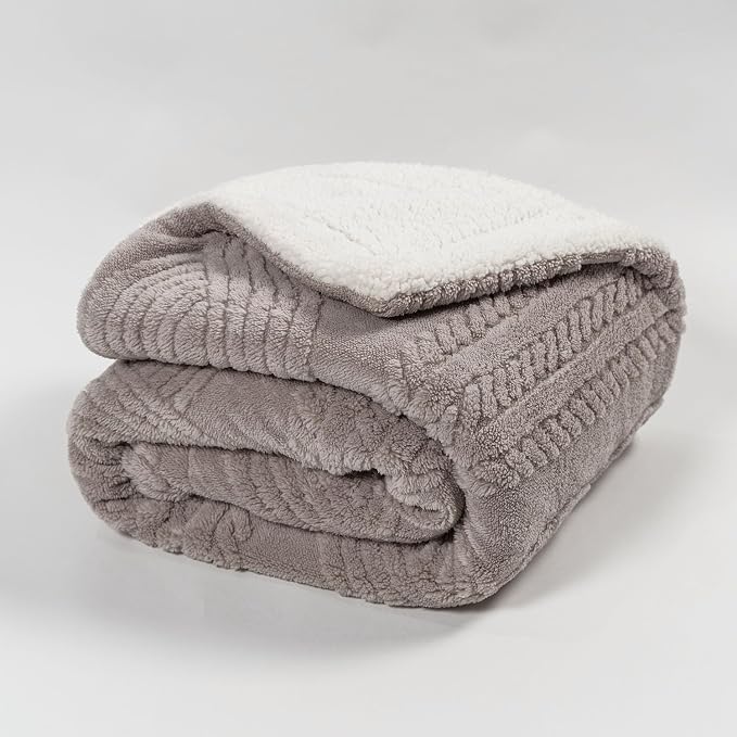 EverGrace Jacquard Reversible Sherpa Throw Blanket, 50" x 60", Silver Gray | Jacquard Sherpa Throw Blanket, Super Soft, Cozy Plush Blanket, Reversible Thick Warm Throw for Bed, Sofa, Living Room