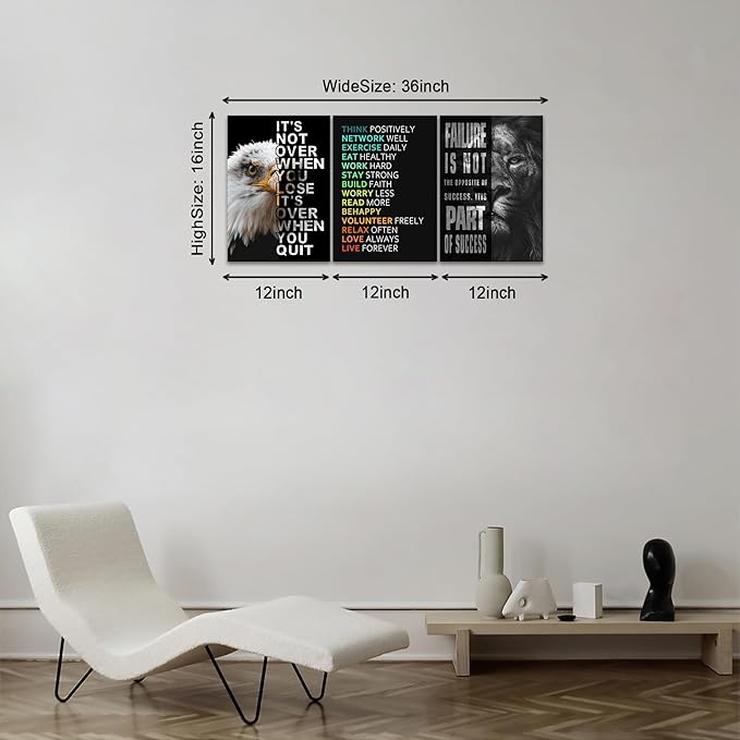 KAWAHONE Motivational Wall Art -Bald Eagle and Lion Inspirational Picture Animal Positive Quotes Wall Poster Framed Motivational Office Decor for Success Ready to Hang