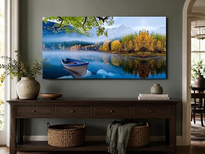 Arjun Lake Canvas Wall Art Landscape Blue Boat Painting Framed Large 48x24 | Wall Art for Living Room Picture Bedroom Nature Mountain Artwork Modern Nature Scenery Home Office Dining Room Wall Decor