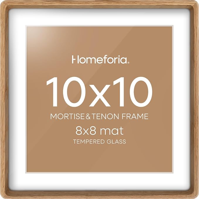 Homeforia 10x10 Mortise&Tenon Natural Oak Picture Frame, 8x8 Mat, Glass