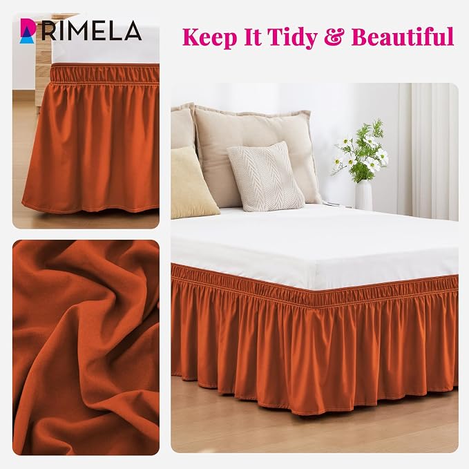 Orange Yellow Bed Skirt Queen 15" Drop, Elastic Wrap Around Bedskirt | Solid Ruffled, Easy to Use, No Mattress Lifting, Wrinkle & Fade Resistant, with Adhesive Strips, Machine Wash/Dry/Iron