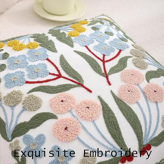 Embroidered Throw Pillow Covers 18x18 Pack of 2 Decorative Pillow Covers Blue Floral Pillowcases Farmhouse Pillow Cushion Cases Square Flower Pillow Case Summer Home Decor