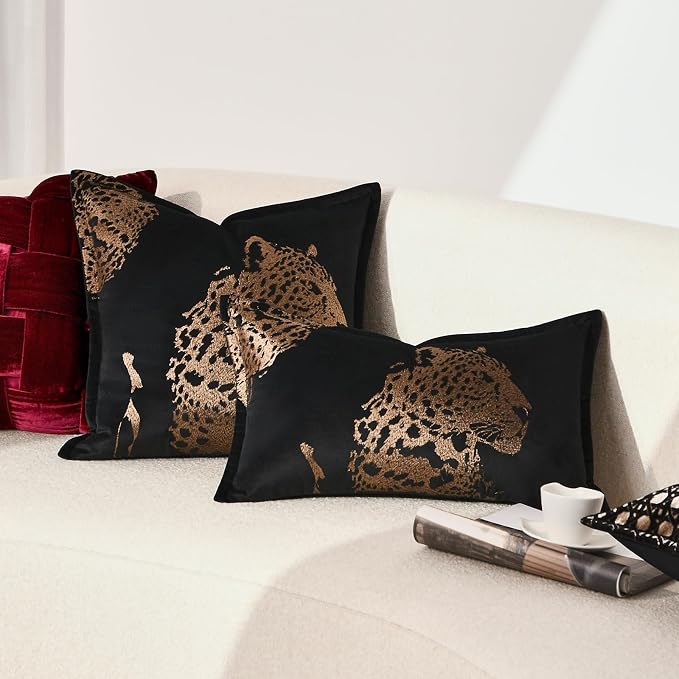 Luxury Black Velvet Lumbar Pillow Covers 12x20'' inches, Hand-Embroidered Brown Cheetah Face Decorative Throw Pillow Case, Modern Glam Home Accent with Hidden Zipper for Living Room