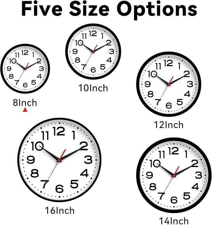 Roymnie 8 Inch Small Wall Clock, Battery Operated Silent Non Ticking Black | analog wall clock; bold numerals for easy reading; silent non-ticking; 1 AA battery (not included); for classroom