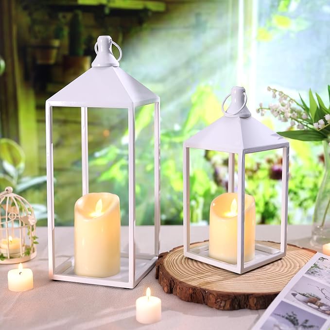 2 Pcs Wedding Lanterns Decorative with Candles White Farmhouse Lanterns | Glass-free Metal Decorative Candle Lanterns for Wedding, Fireplace, Table Centerpiece, Indoor, Room, Valentine Decor