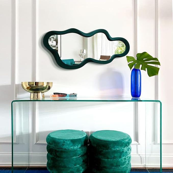 Large Decorative Wall Mirror for Bedroom Dresser Decor,Dark Green | 13.8x29.7",Soft Flocking Touch,Abstract Wavy Wall Mirrors for Home Book Coffee Shop Hotel Decoration,Unique Gift