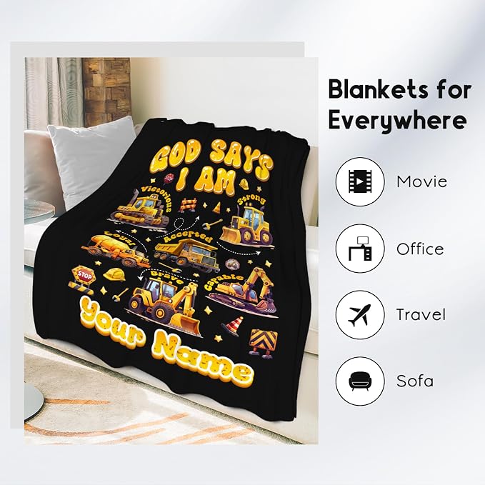 Personalized Truck Throw Blanket for Boys, Car & Bed - 60''x80'', Excavator Theme, Fleece Warm & Cozy