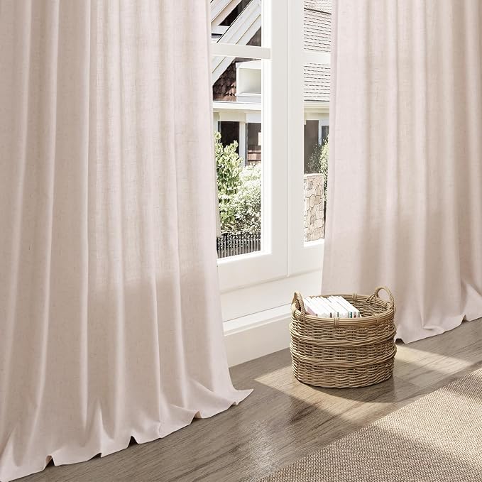 Natural White Linen Curtains 108 Inches Long for Living Room Burlap Textured Neutral Farmhouse Sheer Curtains Back Tab Floor to Ceiling High Window Curtain for Bedroom 52x108, 2 Panels