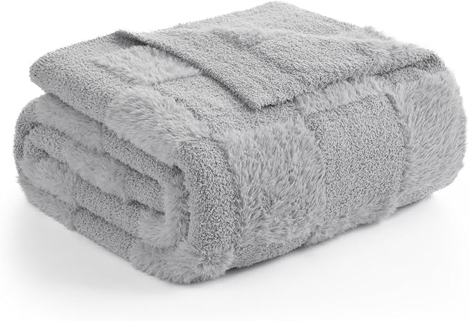 Snuggle Sac Faux Fur Throw Blanket for Couch, Knitted with Microfiber Fancy Yarn Blanket, Cozy Soft Warm Blankets for Sofa Bedroom Living Room,Solid Light Grey,50x60 inches