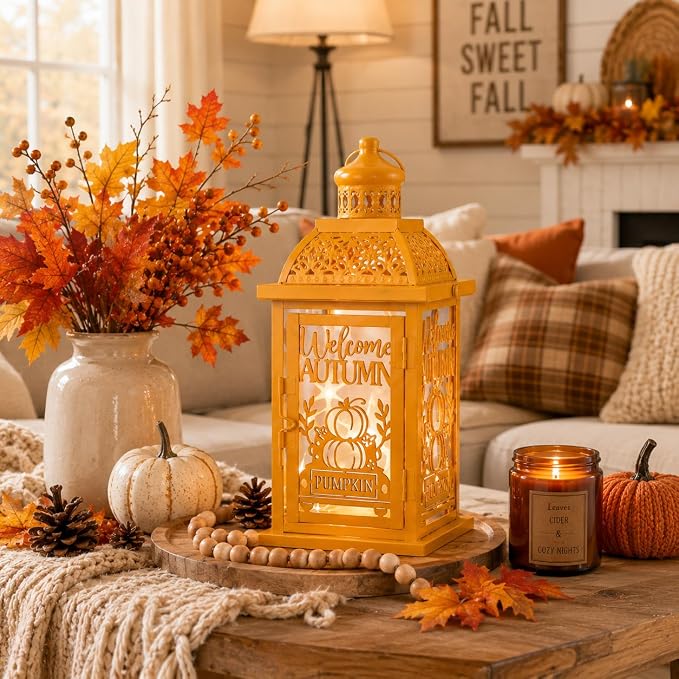 NEEDOMO Fall Decorations for Home, Decorative Candle Lantern for Tabletop Mantel Decor, Vintage Metal Lantern Candle Holders for Indoor Outdoor Decor, Halloween,Thanksgiving,Autumn(Pumpkin)