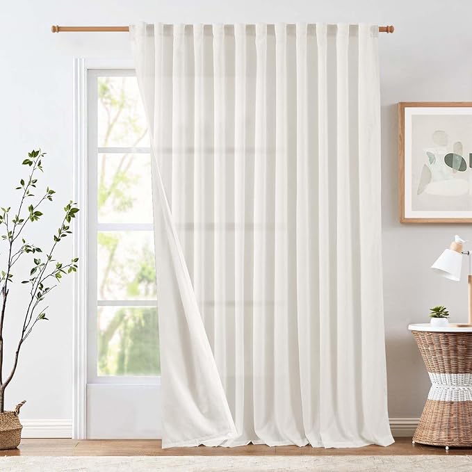 jinchan Lined Linen Curtains Extra Wide Back Tab 100x96 Inch 1 Panel White | Light Filtering Curtains with White Privacy Liner, Cottage Core Farmhouse Curtains for Living Room, Rod Pocket 96 Inch Length